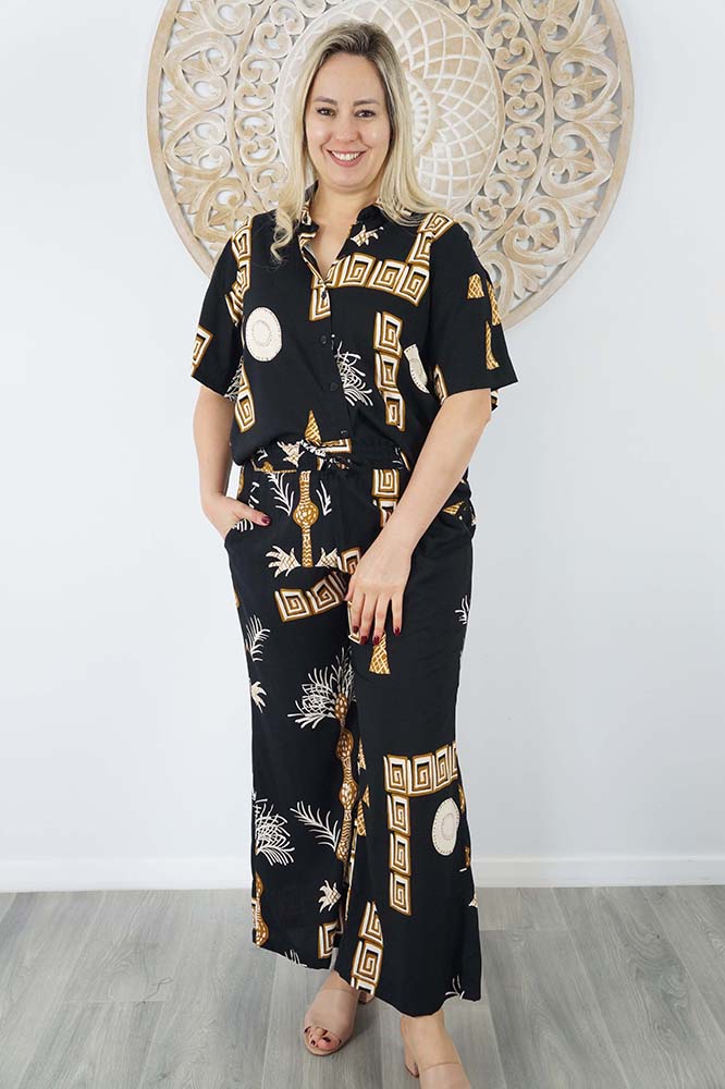 Abbey Shirt & Wide Leg Pant Set Fan Palm