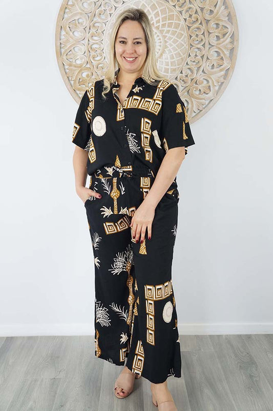 Abbey Shirt & Wide Leg Pant Set Fan Palm