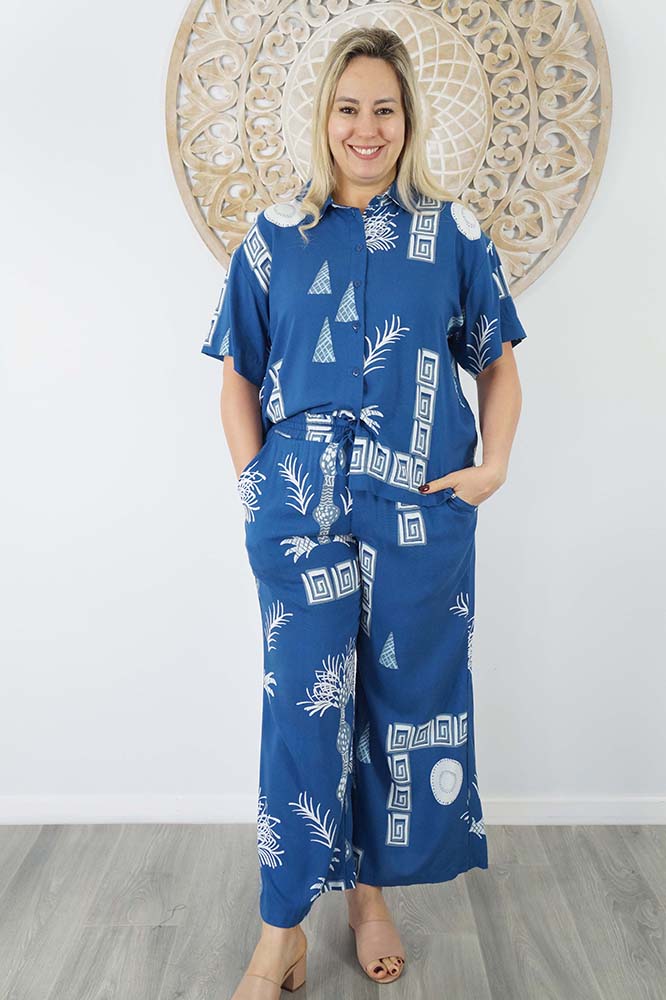 Abbey Shirt & Wide Leg Pant Set Fan Palm